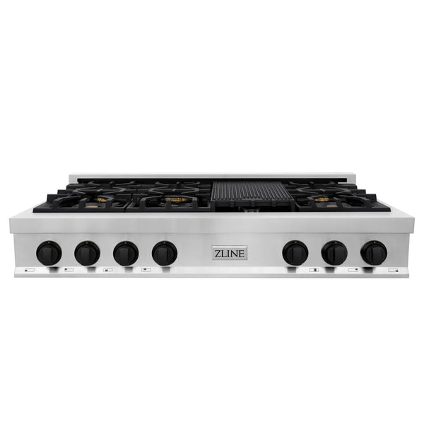 ZLINE Autograph Edition 48 in. Porcelain Rangetop with 7 Gas Burners in Stainless Steel with Matte Black Accents (RTZ-48-MB) front, oven closed.