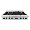 ZLINE Autograph Edition 48 in. Porcelain Rangetop with 7 Gas Burners in Stainless Steel with Matte Black Accents (RTZ-48-MB) front, high angle