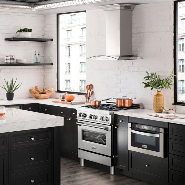 ZLINE Ducted Vent Wall Mount Range Hood in Stainless Steel with Built-in ZLINE CrownSound Bluetooth Speakers (KN4CRN-BT) in a luxury farmhouse-style kitchen from side.