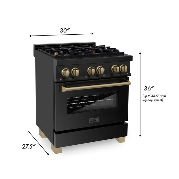 ZLINE Autograph Edition 30 in. Kitchen Package with Black Stainless Steel Dual Fuel Range and Range Hood with Champagne Bronze Accents (2AKP-RABRH30-CB) dimensional diagram with measurements.