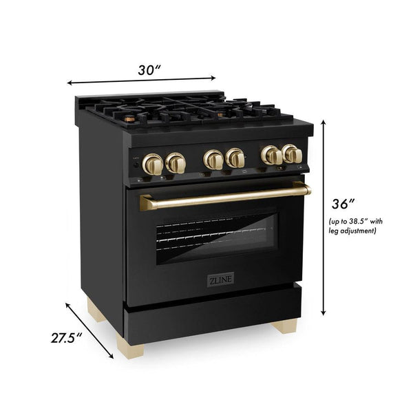 ZLINE Autograph Edition 30 in. 4.0 cu. ft. Dual Fuel Range with Gas Stove and Electric Oven in Black Stainless Steel with Polished Gold Accents (RABZ-30-G) dimensional diagram with measurements.