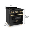 ZLINE 30" Black Stainless Steel Dual Fuel Range with Polished Gold accents dimensions.