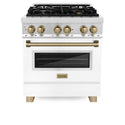 ZLINE Autograph Edition 30 in. 4.0 cu. ft. Legacy Dual Fuel Range with 4 Burner Gas Cooktop and Electric Convection Oven in Stainless Steel with White Matte Door and Champagne Bronze Accents (RAZ-WM-30-CB)