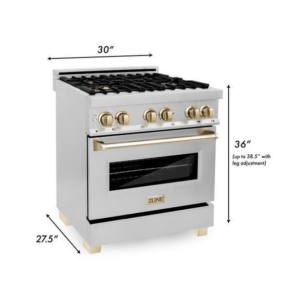 ZLINE Autograph Edition 30 in. Kitchen Package with Stainless Steel Dual Fuel Range, Range Hood, Dishwasher and Refrigeration with Polished Gold Accents (4KAPR-RARHDWM30-G) dimensional diagram with measurements.