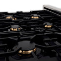 Close-up gas burners on black porcelain cooktop of ZLINE Autograph Edition 36 in. 4.6 cu. ft. Dual Fuel Range with Gas Stove and Electric Oven in Stainless Steel with White Matte Door and Matte Black Accents (RAZ-WM-36-MB)