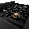 ZLINE brass burners on black porcelain cooktop with cast-iron grates.