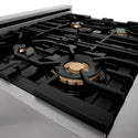 ZLINE brass burners on black porcelain cooktop with cast-iron grates.