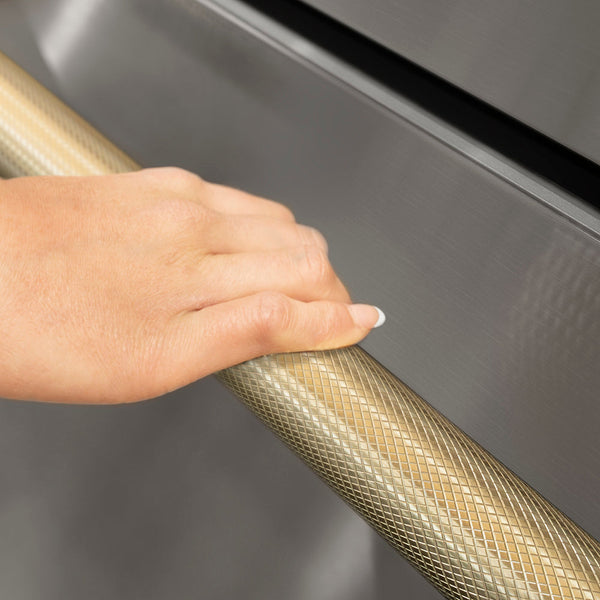 ZLINE Autograph Edition 24 in. Touchstone 168 Can Outdoor-Rated Dual Refrigerator Drawer with Stainless Steel Doors and Champagne Bronze Helix Handles (RDSOZ-ST-24-KCB)