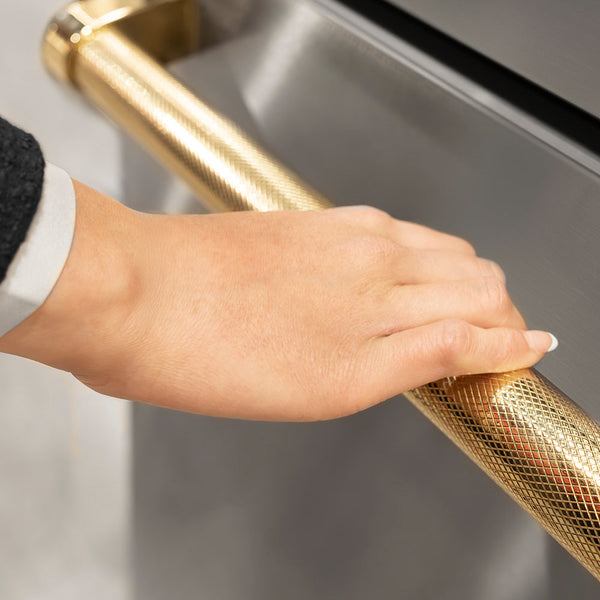 ZLINE Autograph Edition 36 in. 19.8 cu. ft. Built-In Bottom Freezer Refrigerator with Water Dispenser and Ice Maker in Stainless Steel with Graphite Gray Interior and Polished Gold Helix Handles (GRBITZ-30436KG)