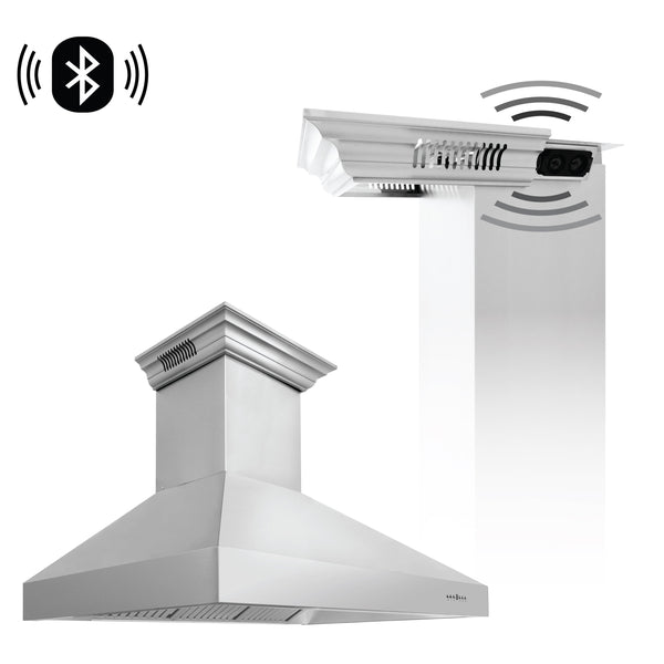 48" ZLINE CrownSound™Ducted Vent Professional Wall Mount Range Hood in Stainless Steel with Built-in Bluetooth Speakers (697CRN-BT-48)