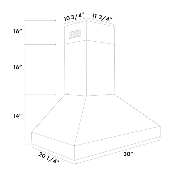 ZLINE Professional Convertible Vent Wall Mount Range Hood in Stainless Steel (597) dimensional diagram with measurements.
