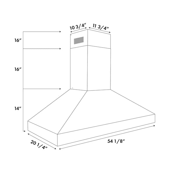 ZLINE Professional Convertible Vent Wall Mount Range Hood in Stainless Steel (597) dimensional diagram with measurements.