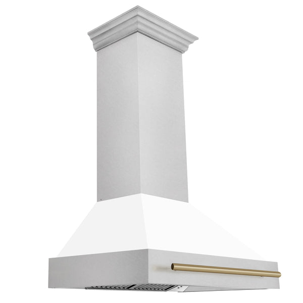 ZLINE Autograph Edition 36" Fingerprint Resistant Stainless Steel Range Hood with White Matte Shell and Champagne Bronze Handle (8654SNZ-WM36-CB)