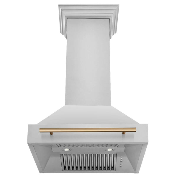 ZLINE Autograph Edition 30 in. Stainless Steel Range Hood with Stainless Steel Shell and Champagne Bronze Handle (8654STZ-30-CB) front, under.