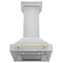 ZLINE Autograph Edition Wall Mount Range Hood with Gold accent handle front under showing baffle filters.