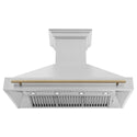 ZLINE Autograph Edition 48" Wall Mount Range Hood with Champagne Bronze accent handle front under view of filters and lighting.