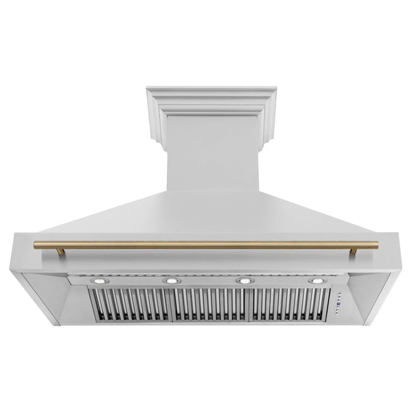 ZLINE Autograph Edition 48" Wall Mount Range Hood with Champagne Bronze accent handle front under view of filters and lighting.