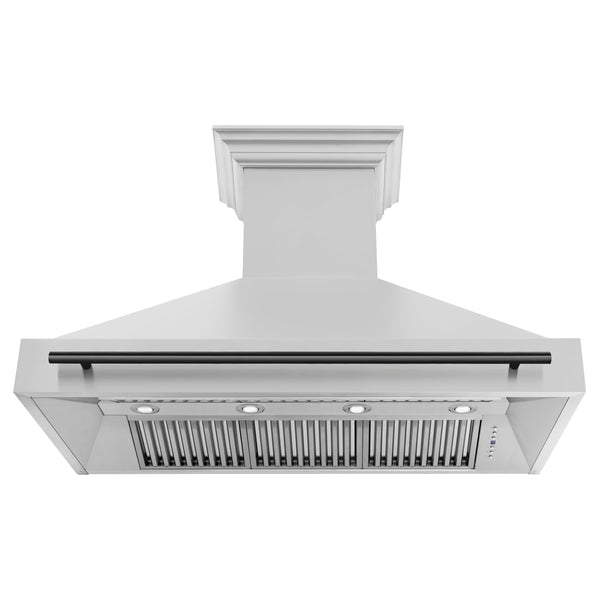 ZLINE Autograph Edition 48" Wall Mount Range Hood with Matte Black accent handle front under view of filters and lighting.