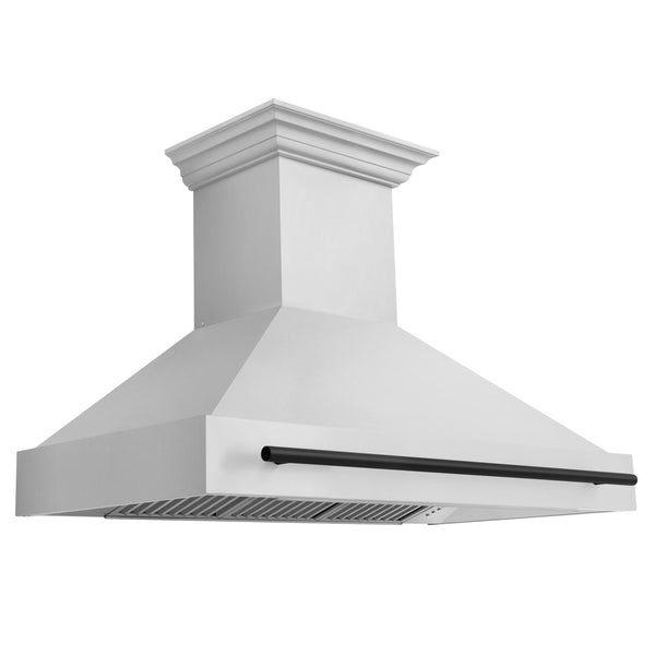 ZLINE Autograph Edition 48" Wall Mount Range Hood with Matt Black accent handle side.
