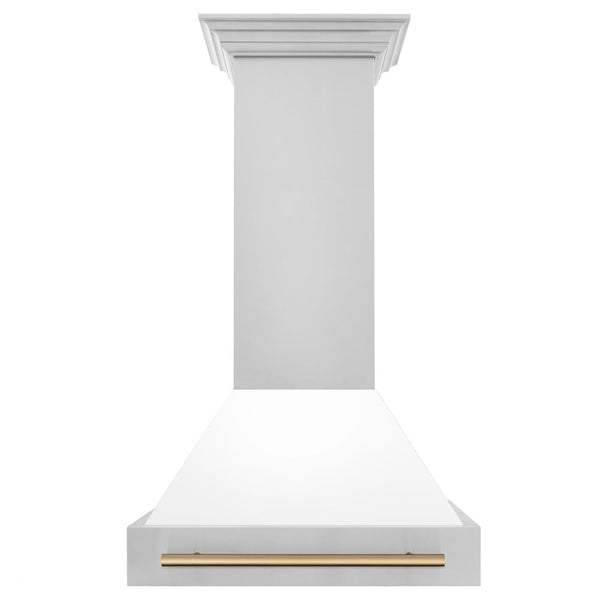 ZLINE Autograph Edition 30" Stainless Steel Range Hood with White Matte Shell and Champagne Bronze Handle (8654STZ-WM30-CB)