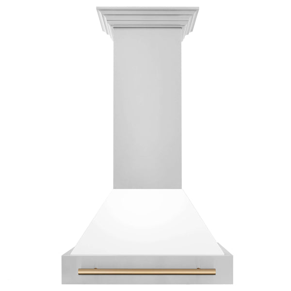 ZLINE Autograph Edition 30 in. Kitchen Package with Stainless Steel Dual Fuel Range with White Matte Door and Range Hood with Champagne Bronze Accents (2AKP-RAWMRH30-CB)