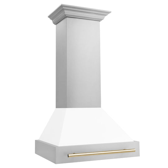 ZLINE Autograph Edition 30 in. Stainless Steel Range Hood with White Matte Shell and Polished Gold Handle
