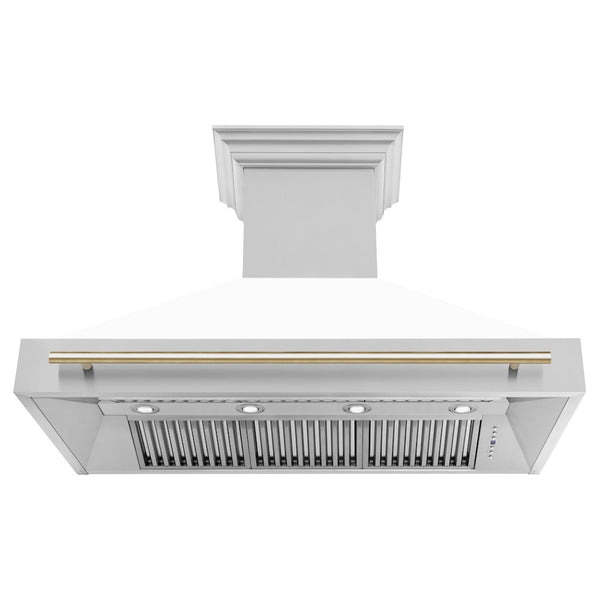 ZLINE Autograph Edition 48" Stainless Steel Range Hood with White Matte Shell and Polished Gold Handle (8654STZ-WM48-G)