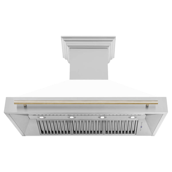 ZLINE Autograph Edition 48 in. Kitchen Package with Stainless Steel Dual Fuel Range with White Matte Door and Range Hood with Polished Gold Accents (2AKP-RAWMRH48-G)