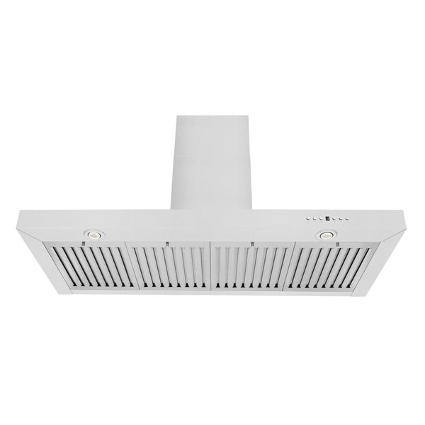ZLINE KE low-profile wall mount range hood front under view of stainless steel baffle filters