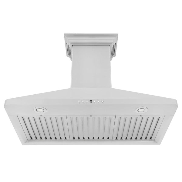 ZLINE Wall Mount Range Hood in Stainless Steel with Built-in CrownSound Bluetooth Speakers (KF1CRN-BT) front, under.