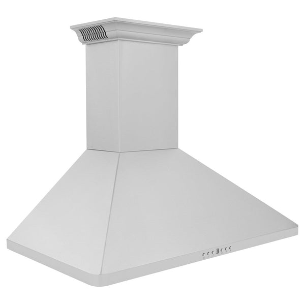 ZLINE Wall Mount Range Hood in Stainless Steel with Built-in ZLINE CrownSound Bluetooth Speakers (KF1CRN-BT) side, above.