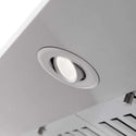 ZLINE Wall Mount Range Hood in Stainless Steel with Built-in CrownSound Bluetooth Speakers (KF2CRN-BT) close-up, built-in directional LED light.