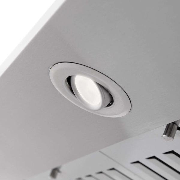 ZLINE Wall Mount Range Hood in Stainless Steel with Built-in CrownSound Bluetooth Speakers (KF2CRN-BT) close-up, built-in directional LED light.