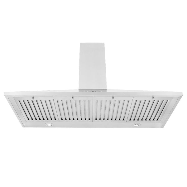 ZLINE Convertible Vent Wall Mount Range Hood in Stainless Steel (KL2) 48" front under showing LED lighting and quad baffle filters.
