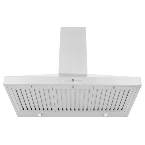 ZLINE Convertible Vent Wall Mount Range Hood in Stainless Steel (KL3) front under medium showing filters, LED lighting, and button panel.