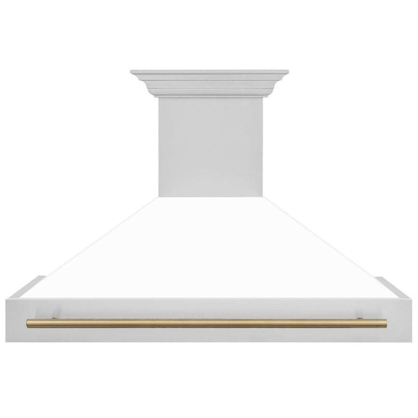 ZLINE Autograph Edition 48 in. Stainless Steel Range Hood with White Matte Shell and Handle (8654STZ-WM48) Champagne Bronze, front.