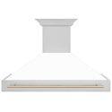 ZLINE Autograph Edition 48 in. Stainless Steel Range Hood with White Matte Shell and Handle (8654STZ-WM48) Polished Gold, front.