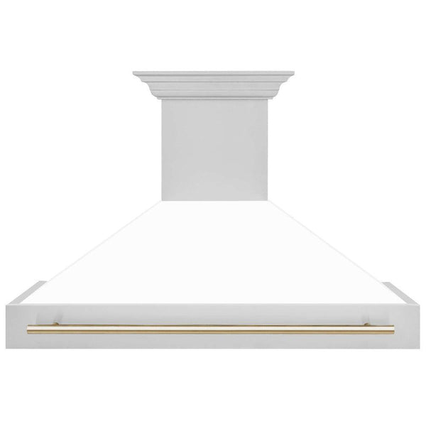 ZLINE Autograph Edition 48 in. Stainless Steel Range Hood with White Matte Shell and Handle (8654STZ-WM48) Polished Gold, front.