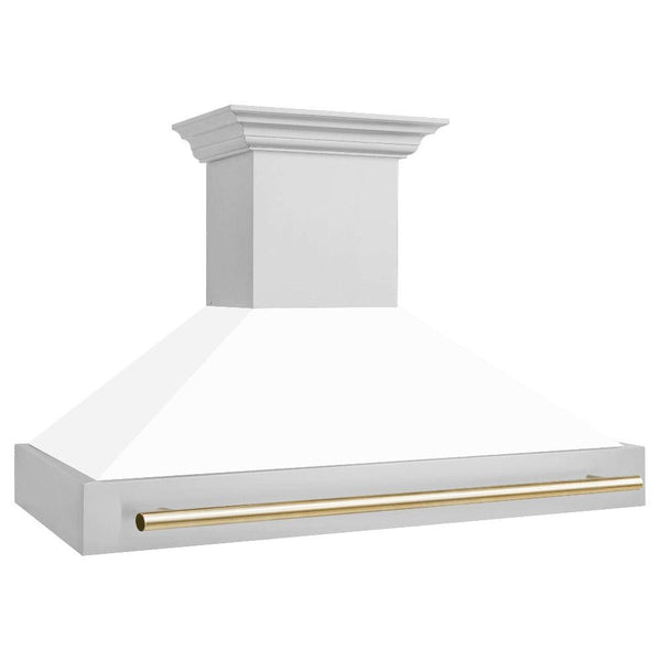 ZLINE Autograph Edition 48 in. Stainless Steel Range Hood with White Matte Shell and Handle (8654STZ-WM48) Polished Gold, side.
