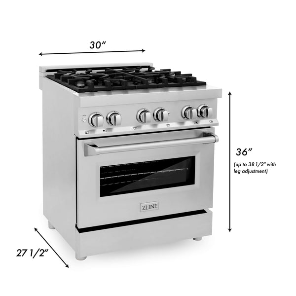 ZLINE 30 in. Kitchen Package with Stainless Steel Dual Fuel Range, Range Hood, Microwave Drawer and Classic Dishwasher (4KP-RARH30-MWDW) 
