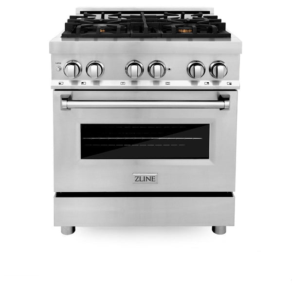 ZLINE 30 in. 4.0 cu. ft. Dual Fuel Range with Gas Stove and Electric Oven in Stainless Steel and Brass Burners (RA-BR-30) front, oven closed.