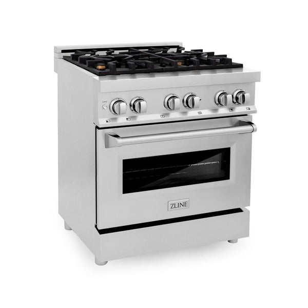 ZLINE 30 in. 4.0 cu. ft. Dual Fuel Range with Gas Stove and Electric Oven in Stainless Steel and Brass Burners (RA-BR-30) side, oven closed.