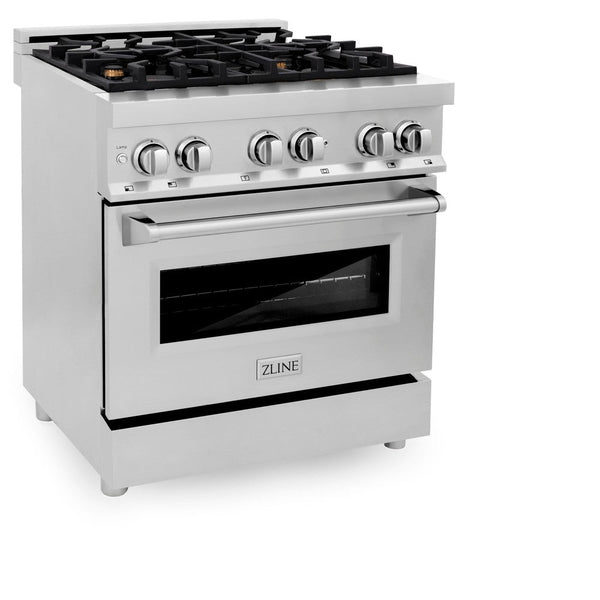 ZLINE 30 in. 4.0 cu. ft. Dual Fuel Range with Gas Stove and Electric Oven in Stainless Steel and Brass Burners (RA-BR-30) side, oven closed.