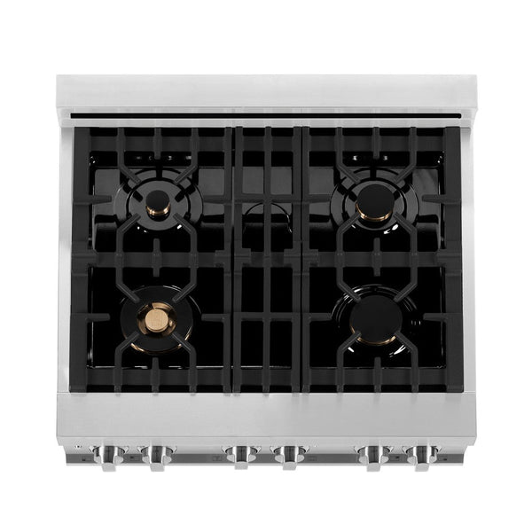 ZLINE 30 in. 4.0 cu. ft. Dual Fuel Range with Gas Stove and Electric Oven in Stainless Steel and Brass Burners (RA-BR-30) from above showing cooktop with gas burners and cast-iron grates.