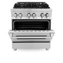ZLINE Range front with oven door halfway open demonstrating Stay-Put oven door hinges.