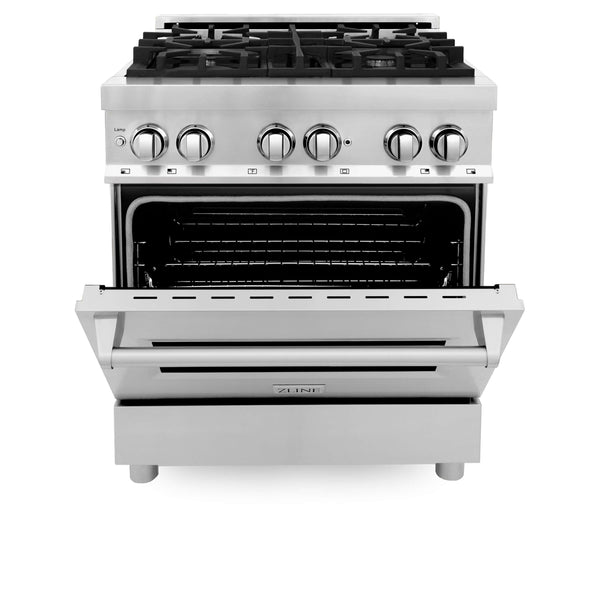ZLINE Range front with oven door halfway open demonstrating Stay-Put oven door hinges.