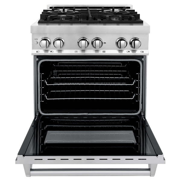 ZLINE Range front with oven door halfway open demonstrating Stay-Put oven door hinges.