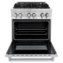ZLINE Range front with oven door halfway open demonstrating Stay-Put oven door hinges.