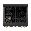 ZLINE Autograph Edition 30 in. 4.0 cu. ft. Dual Fuel Range with Gas Stove and Electric Oven in Black Stainless Steel with Polished Gold Accents (RABZ-30-G) from above showing cooktop with gas burners and cast-iron grates.