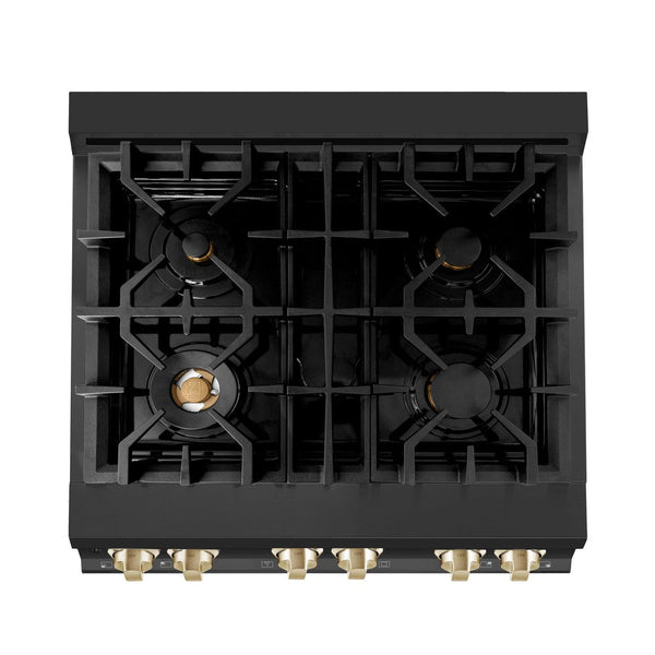 ZLINE Autograph Edition 30 in. 4.0 cu. ft. Dual Fuel Range with Gas Stove and Electric Oven in Black Stainless Steel with Polished Gold Accents (RABZ-30-G) from above showing cooktop with gas burners and cast-iron grates.